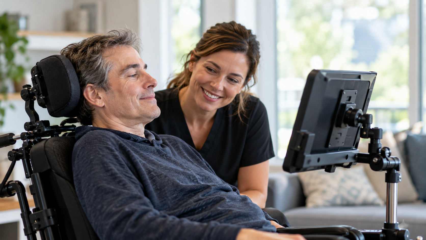 A person with ALS working with a caregiver and an assistive communication device; illustrative image
