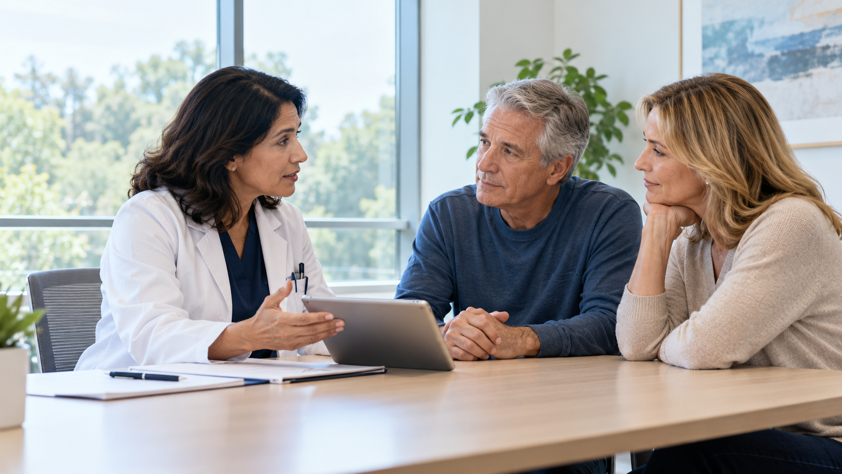 A neurologist discussing a care plan with a patient and family member; illustrative image