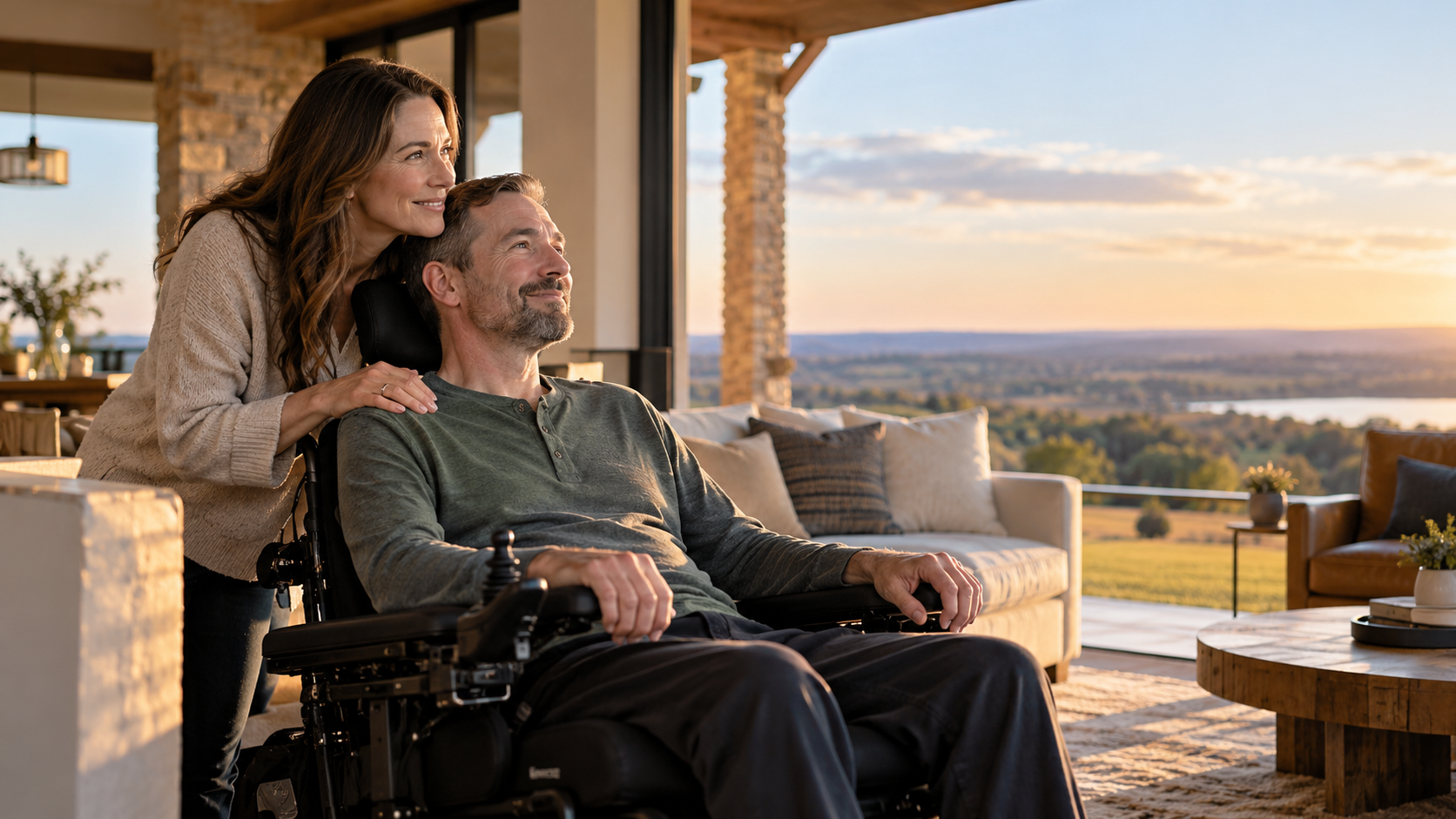 A person living with ALS and a loved one enjoying a peaceful moment at home; illustrative image