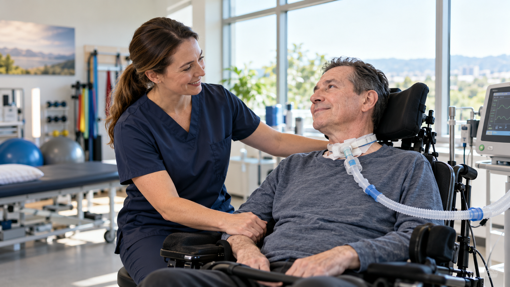 A rehabilitation professional supporting a person with ALS using respiratory care equipment; illustrative image
